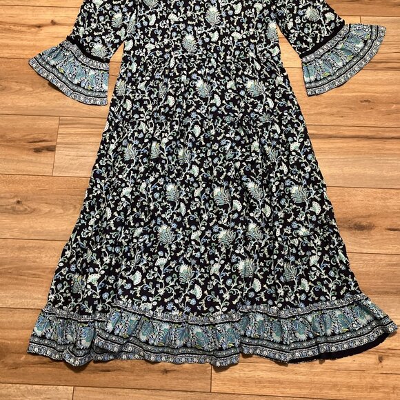 Soft Surroundings Lily Midi Dress SZ XL Lisbon Floral Blue Boho Bell Sleeve - Picture 3 of 11